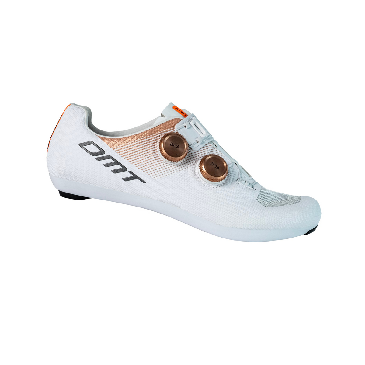 DMT KR0 Evo engineered 3D knit road cycling shoes in white gold showing dual BOA Li2 metal micro dials injected TPU instep band and super light ventilated carbon sole - Epic Sports Kenya