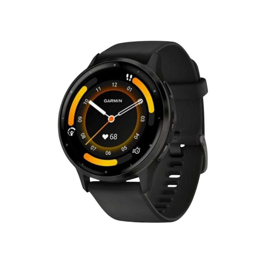 Garmin Venu 3 premium lifestyle fitness GPS smartwatch forty five millimeter size showing slate gray stainless steel bezel chassis vivid one point four inch AMOLED color touchscreen menu display integrated side speaker microphone slots and premium silicone quick release strap band - Epic Sports Kenya