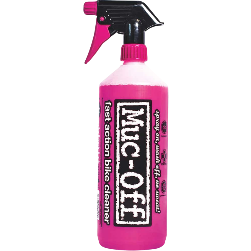 Muc Off Nano Tech biodegradable bike cleaner one liter plastic spray bottle showing prominent black and pink branding text translucent fluid level viewing track and robust black ergonomic trigger spray head mechanism - Epic Sports Kenya