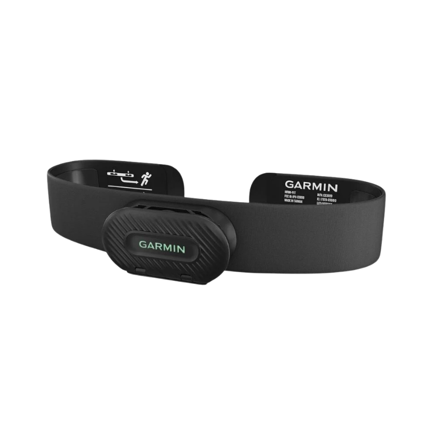 Garmin HRM Fit premium heart rate monitor for women displaying compact black clip on sensor design with three secure sports bra attachment clips soft skin contact electrodes dual ANT plus and bluetooth smart transmission branding - Epic Sports Kenya