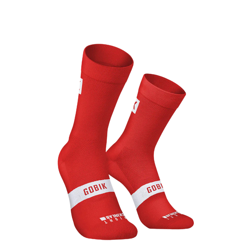 Gobik Iro 2.0 unisex cycling socks in Classic Red displaying their vibrant premium weave compression arch band breathable instep grid and hand linked flat lock toe - Epic Sports Kenya