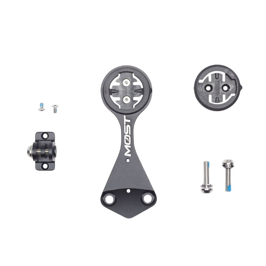 MOST iTalon Ultra V2 integrated bicycle GPS computer mount showing forged black Al6061 aluminum out front arm with dual inline fixing bolt holes interchangeable blue or black plastic quarter turn insert pucks and lower action camera bracket attachment - Epic Sports Kenya