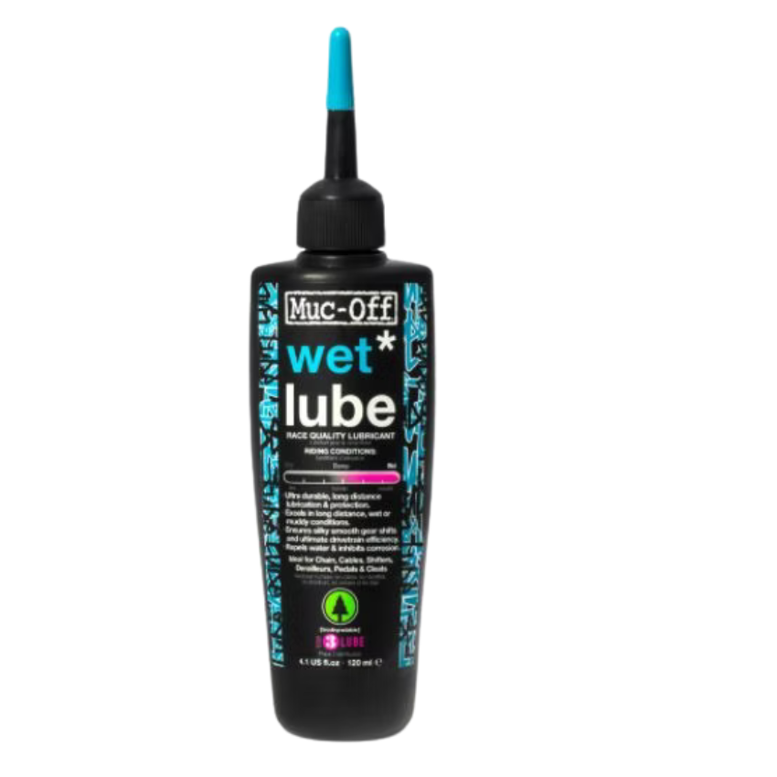 Muc-Off Bio Wet Weather chain lube fluid bottle medium home workshop one hundred and twenty milliliter sizing showing ergonomic black container precision pipette dropper nozzle tip neon blue compound accents and fully biodegradable plant based waterproof product labels - Epic Sports Kenya