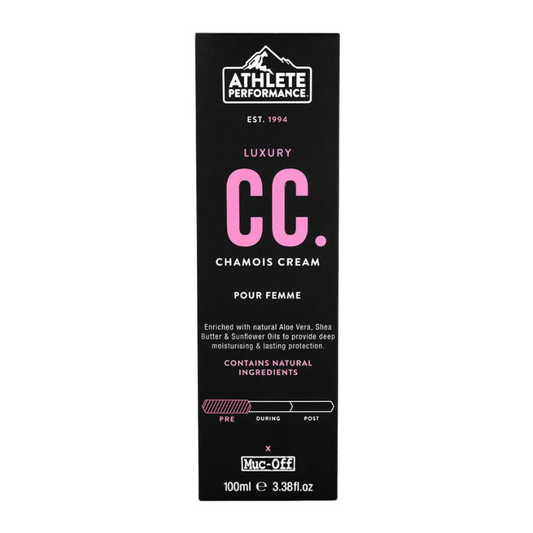 Muc-Off Athlete Performance luxury ladies chamois cream one hundred milliliter portable squeeze tube displaying sleek pink and black label layout flip top leakproof cap natural plant based ingredients branding and anti chafing protection details - Epic Sports Kenya
