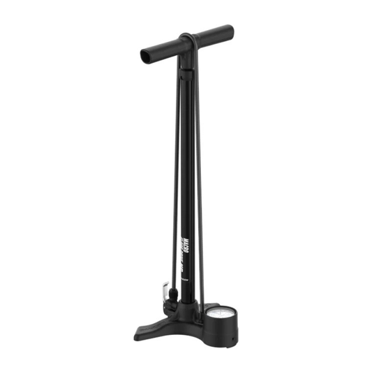 Lezyne high pressure floor drive track pump showing vertical black steel barrel construction oversized three point five inch analog pressure gauge face long nylon braided hose with golden machined aluminum ABS-1 Pro flip thread chuck head - Epic Sports Kenya