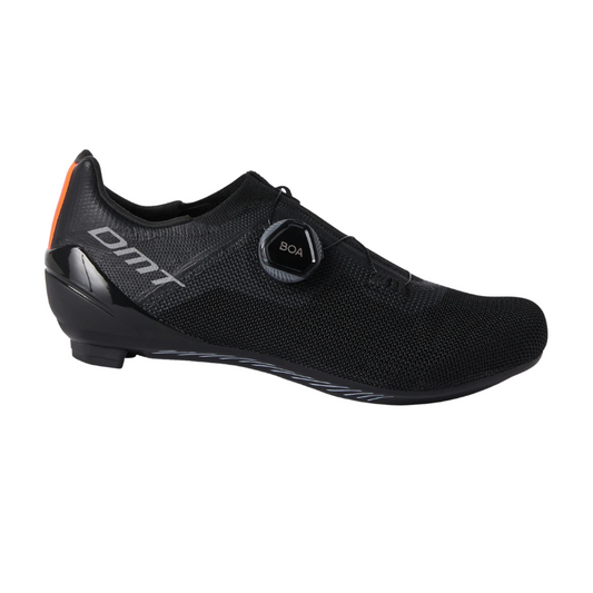 DMT KR4 hybrid engineered knit road cycling shoes in stealth black showing single BOA L6 fit system dial and aerated nylon composite outsole profile - Epic Sports Kenya