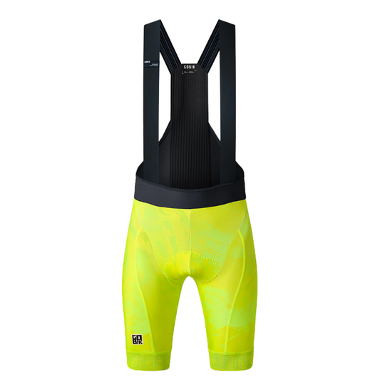 Gobik Absolute Print mens road cycling bib shorts in Liquid Lime high visibility neon yellow green displaying sublimated graphics panels flat seamless suspender straps and K10 carbon chamois - Epic Sports Kenya