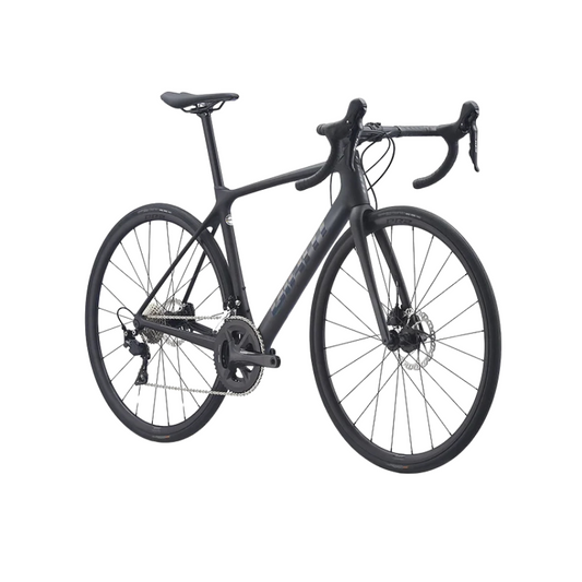 Giant TCR Advanced 2 Disc Pro Compact carbon road bike in Stealth Chrome displaying its lightweight Advanced-grade composite frameset Shimano 105 2x11 drivetrain flat mount hydraulic disc brakes and tubeless wheels - Epic Sports Kenya