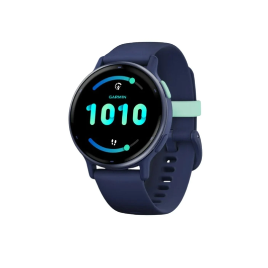 Garmin vivoactive 5 lifestyle health GPS smartwatch showing brilliant one point two inch amoled touchscreen color display anodized aluminum bezel body battery monitoring charts and black silicone comfort strap - Epic Sports Kenya