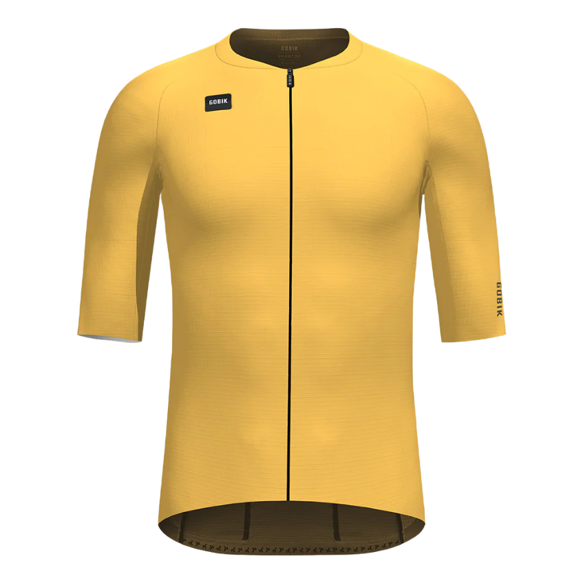 Gobik Phantom unisex short sleeve ultra lightweight climbing jersey in Dandelion mustard gold yellow displaying stealth minimalist hidden zipper seamless raw cut sleeves open mesh fabric texture and rear pockets - Epic Sports Kenya