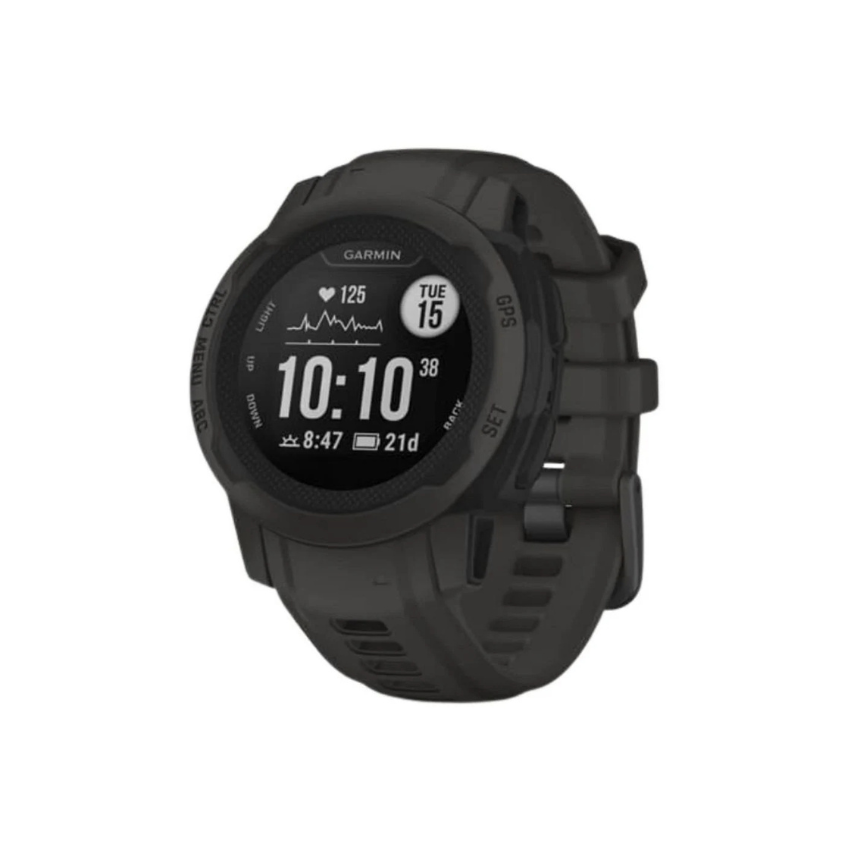 Garmin Instinct 2 rugged multisport GPS smartwatch showing graphite black fiber reinforced polymer case military grade standard 810 shock protection high contrast monochrome transflective display five physical tactile side buttons and durable ventilated silicone sport band - Epic Sports Kenya