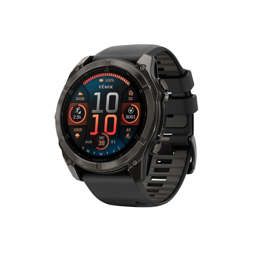 Garmin Fenix 8 flagship multisport GPS smartwatch fifty one millimeter titanium bezel body showing ultra bright colorful AMOLED display layout leakproof inductive buttons built in LED flashlight lens windows and ultra durable silicone sports strap bands - Epic Sports Kenya