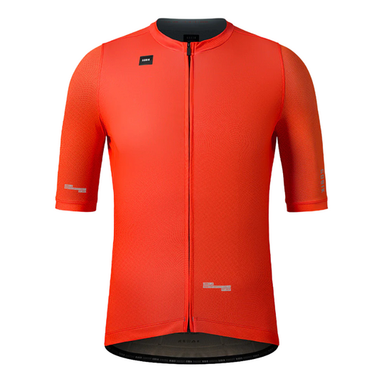 Gobik Stark mens short sleeve cycling jersey in Boynton vibrant red displaying highly breathable micro fiber panels regular fit training cut seamless raw cut sleeves and rear pocket layout - Epic Sports Kenya