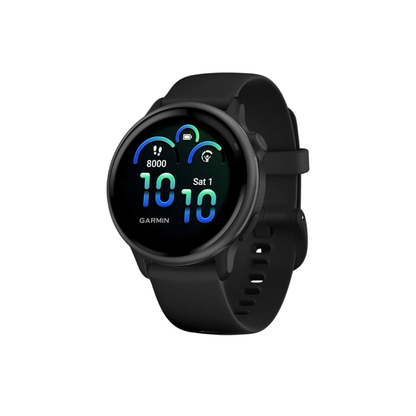 Garmin vivoactive 6 next generation health GPS smartwatch showing bright high contrast one point two inch amoled touchscreen color display running power data screens pacepro pacing metrics anodized aluminum bezel and black silicone sport strap - Epic Sports Kenya