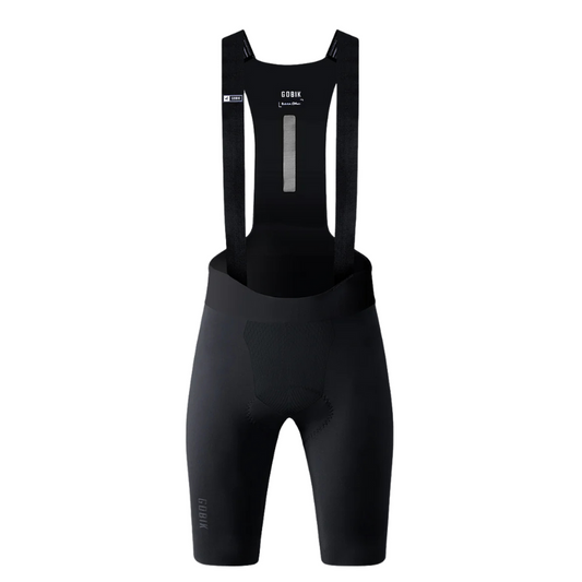 Gobik Lancer mens high compression road cycling bib shorts in stealth black displaying raw cut flat suspenders woven Lycra compression panels and flagship K12 carbon chamois - Epic Sports Kenya