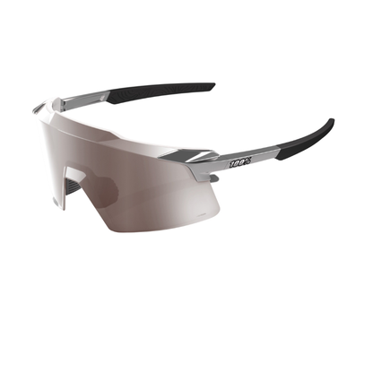100 percent Aerocraft Gloss Black Chrome sunglasses with HiPER Silver Mirror Lens displaying their rimless aerodynamic frame design contrast defining lens and high grip rubber grips - Epic Sports Kenya
