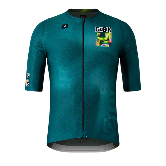 Gobik Attitude 2.0 mens short sleeve aero cycling jersey in Chasm deep teal and neon green wave pattern back displaying graphic branding panel raw cut sleeves and bonded seamless front hem - Epic Sports Kenya