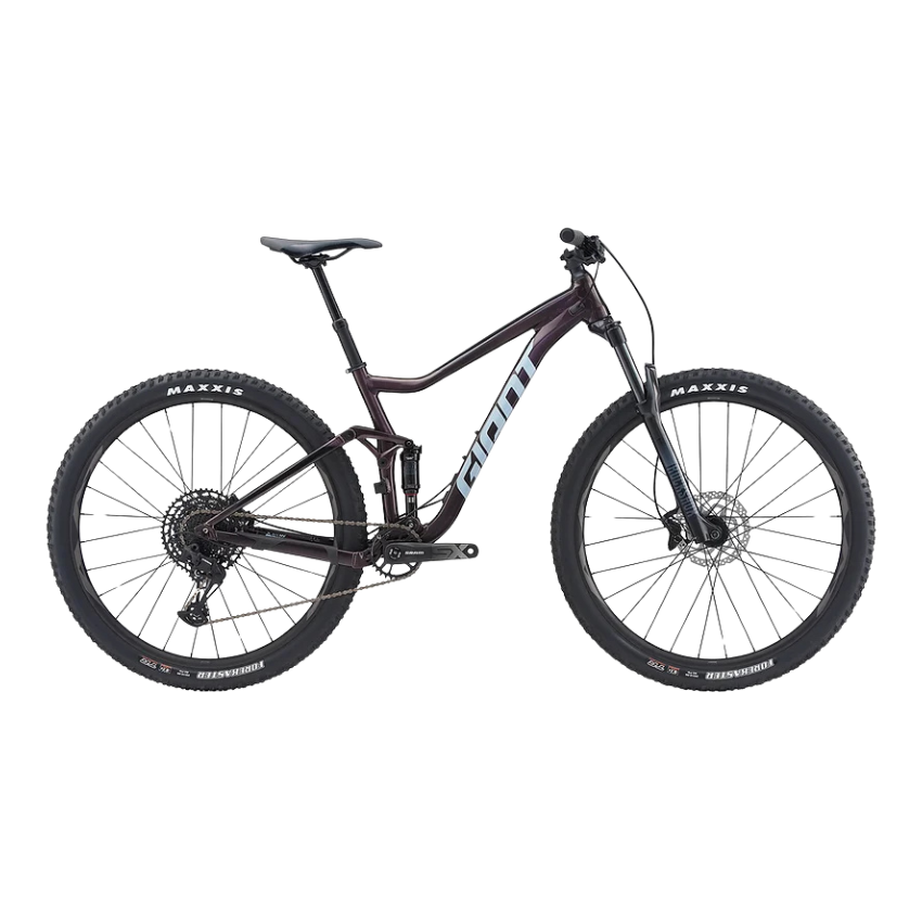 Giant Stance 29 1 2023 full suspension trail mountain bike in deep Rosewood displaying its ALUXX alloy frameset FlexPoint rear suspension RockShox Monarch shock Giant Crest 34 suspension fork SRAM SX Eagle 1x12 drivetrain and Maxxis tubeless tires - Epic Sports Kenya