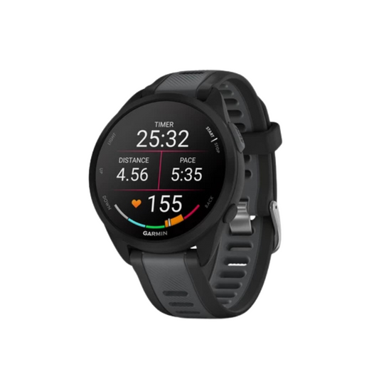 Garmin Forerunner 165 entry level sports GPS watch showing brilliant high contrast one point two inch amoled touchscreen display training load statistics daily suggested workouts and black silicone sport band - Epic Sports Kenya