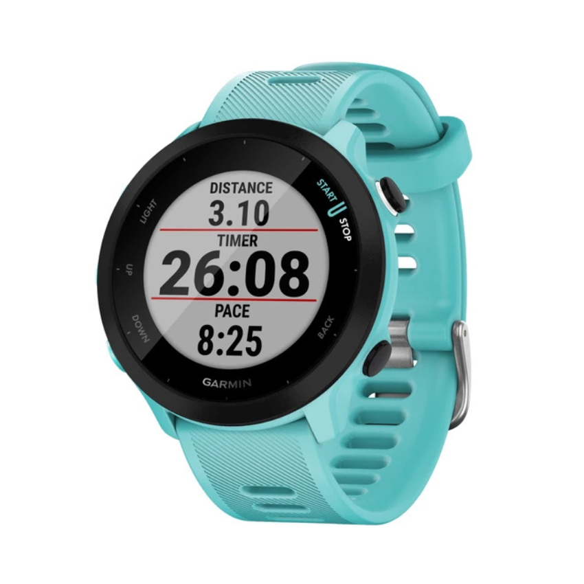 Garmin Forerunner 55 lightweight entry level sports GPS watch showing sleek black fiber reinforced chassis sunlight visible transflective memory in pixel display wrist heart rate graphics and comfortable black silicone sport band - Epic Sports Kenya