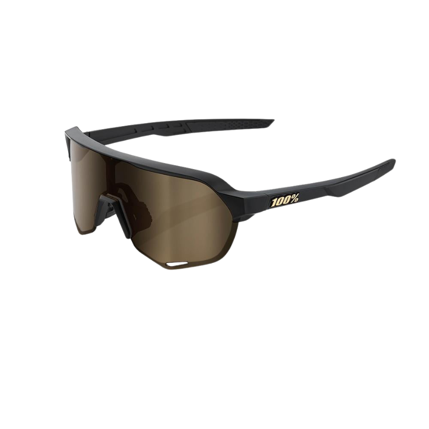 100 percent S2 sport performance cycling sunglasses in sleek Matte Black frame with premium reflective Soft Gold Mirror cylindrical shield lens - Epic Sports Kenya