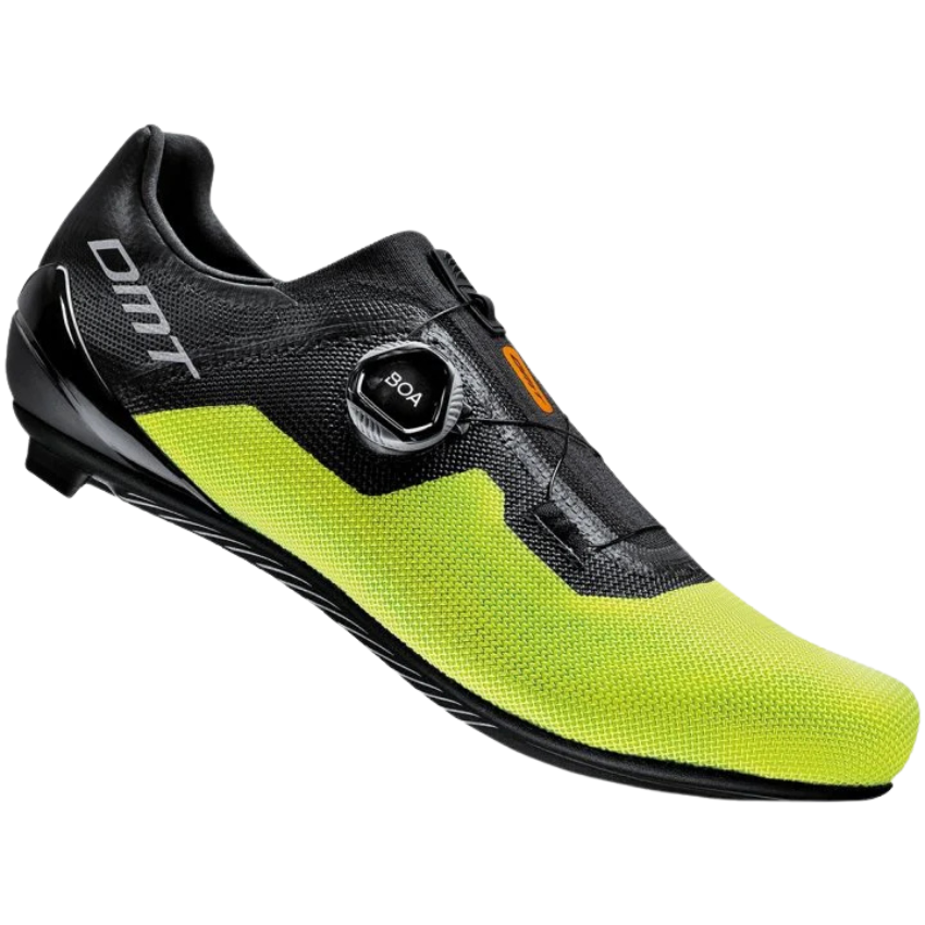 DMT KR4 hybrid engineered knit road cycling shoes in black and yellow fluo showing single BOA L6 fit system dial and fluorescent yellow details - Epic Sports Kenya