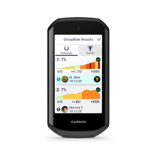 Garmin Edge 1050 premium flagship GPS bike computer showing ultra bright three point five inch transmissive LCD color touchscreen display resolution maps navigation screens road hazard alerts live crowd data powerguide metrics and aluminum accent casing with bottom type c usb port - Epic Sports Kenya