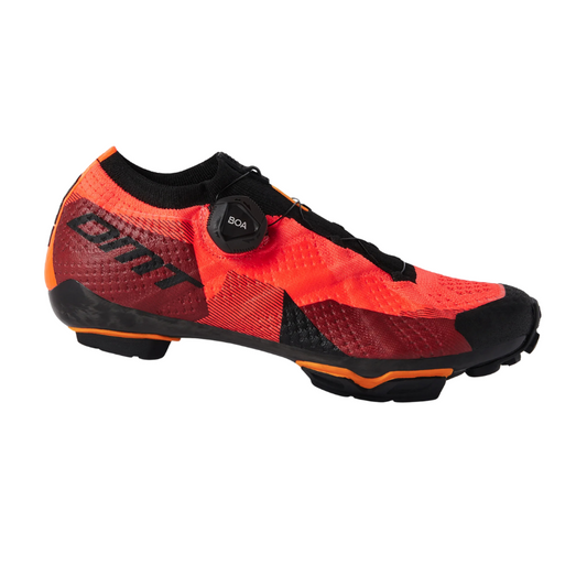 DMT KM1 engineered 3D knit carbon mountain bike and gravel shoes in coral red and black showing single BOA IP1 fit system dial and michelin rubber lug carbon outsole - Epic Sports Kenya
