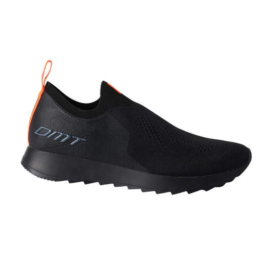 DMT Podio slip on active recovery podium shoes in black displaying seamless 3D knit upper construction elastic slip on collar cushioned EVA midsole and rubber outsole - Epic Sports Kenya
