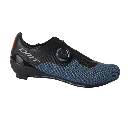 DMT KR4 hybrid engineered knit road cycling shoes in black and petrol blue showing single BOA L6 fit system dial and aerated nylon composite outsole profile - Epic Sports Kenya