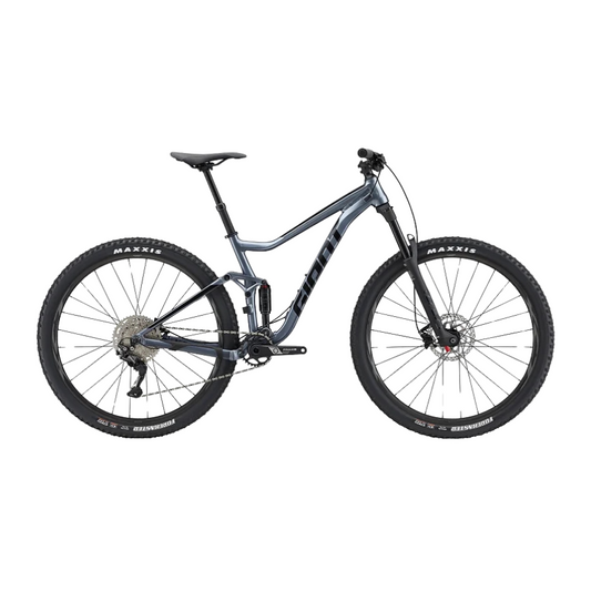 Giant Stance 29 2 2023 full suspension trail mountain bike in matte Gunmetal Black displaying its ALUXX alloy frameset FlexPoint rear suspension Giant Crest 34 suspension fork Shimano Deore 1x10 drivetrain and Maxxis tubeless tires - Epic Sports Kenya