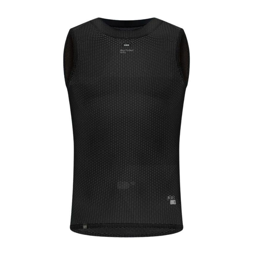 Gobik Second Skin mens sleeveless cycling baselayer in Moonless black displaying breathable 3D honeycomb mesh grid structure flatlock seamless stitching and snug second skin fit - Epic Sports Kenya