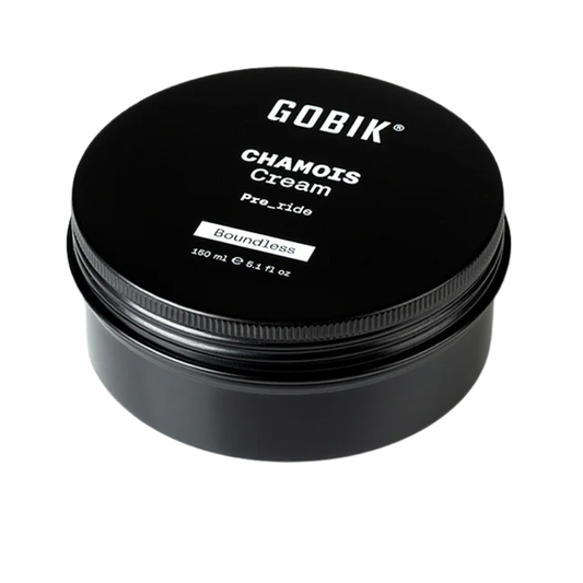 Gobik protective anti chafing cycling chamois cream tub container showing premium black product packaging with minimalist white brand logotype branding detailing anti bacterial skin soothing sit bone friction defense - Epic Sports Kenya