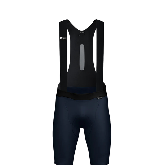 Gobik X Men's Ultrablue K10 pro cycling bib shorts in Ultrablue colorway showing their minimalist DUALKNIT PRO circular knit fabric raw-cut seamless leg bands and ergonomic graphene threaded thermal shoulder straps - Epic Sports Kenya