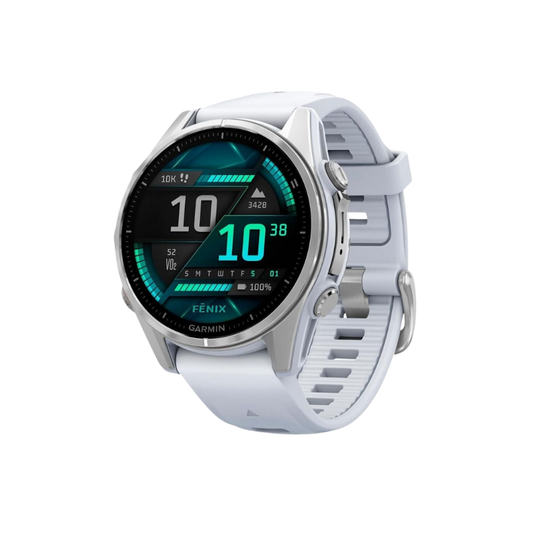 Garmin Fenix 8 flagship premium multisport GPS smartwatch compact forty three millimeter size showing slim titanium bezel chassis vibrant one point three inch AMOLED color touchscreen menu display leakproof inductive button setup integrated side speaker microphone arrays and silicone athletic wrist strap - Epic Sports Kenya