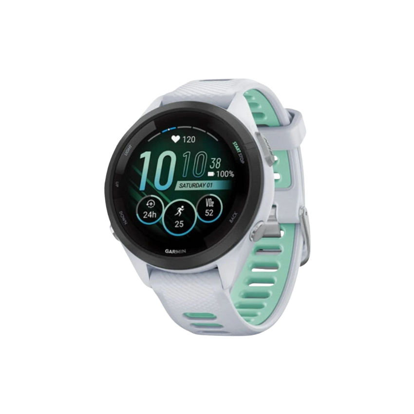 Garmin Forerunner 265S compact forty two millimeter GPS running smartwatch showing ultra bright colorful AMOLED touchscreen display advanced athletic training readiness widgets sleek black bezel matrix and high traction textured silicone sports band profile - Epic Sports Kenya