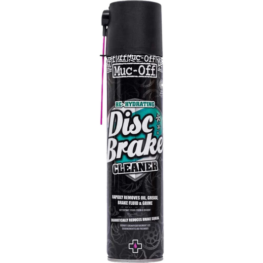 Muc Off Disc Brake Cleaner aerosol metal spray can showing prominent black and green graphics branding text detailed safety technical instructions and heavy duty black spray nozzle mechanism - Epic Sports Kenya