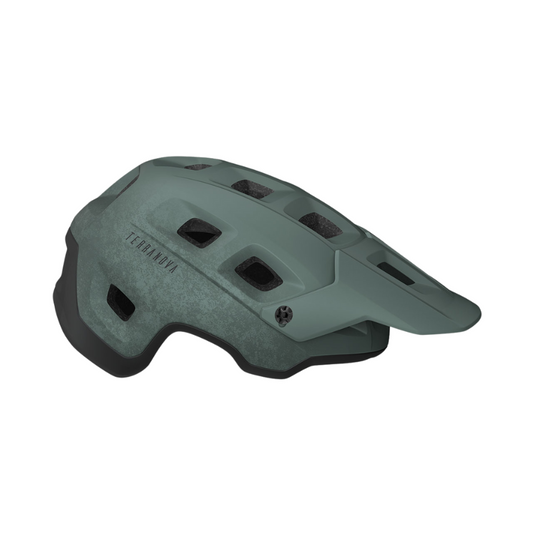 MET Terranova trail and enduro mountain bike helmet in Green and Black showing its extended rear occipital coverage adjustable flexible visor multi-port ventilation matrix and Safe-T Duo retention dial - Epic Sports Kenya