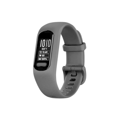 Garmin vivosmart 5 slim fitness tracker band showing narrow black touch display screen continuous heart rate graph body battery energy score and comfortable textured black silicone wrist strap - Epic Sports Kenya