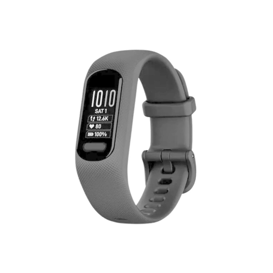 Garmin vivosmart 5 slim fitness tracker band showing narrow black touch display screen continuous heart rate graph body battery energy score and comfortable textured black silicone wrist strap - Epic Sports Kenya