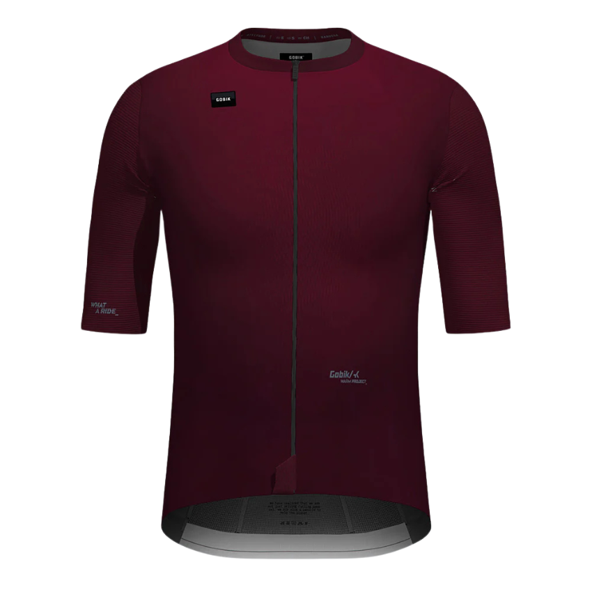 Gobik Magnitude mens short sleeve cycling jersey in Barossa deep wine burgundy displaying regular fit training cut extended length seamless bonded sleeves minimalist front waistband and exposed full zipper - Epic Sports Kenya