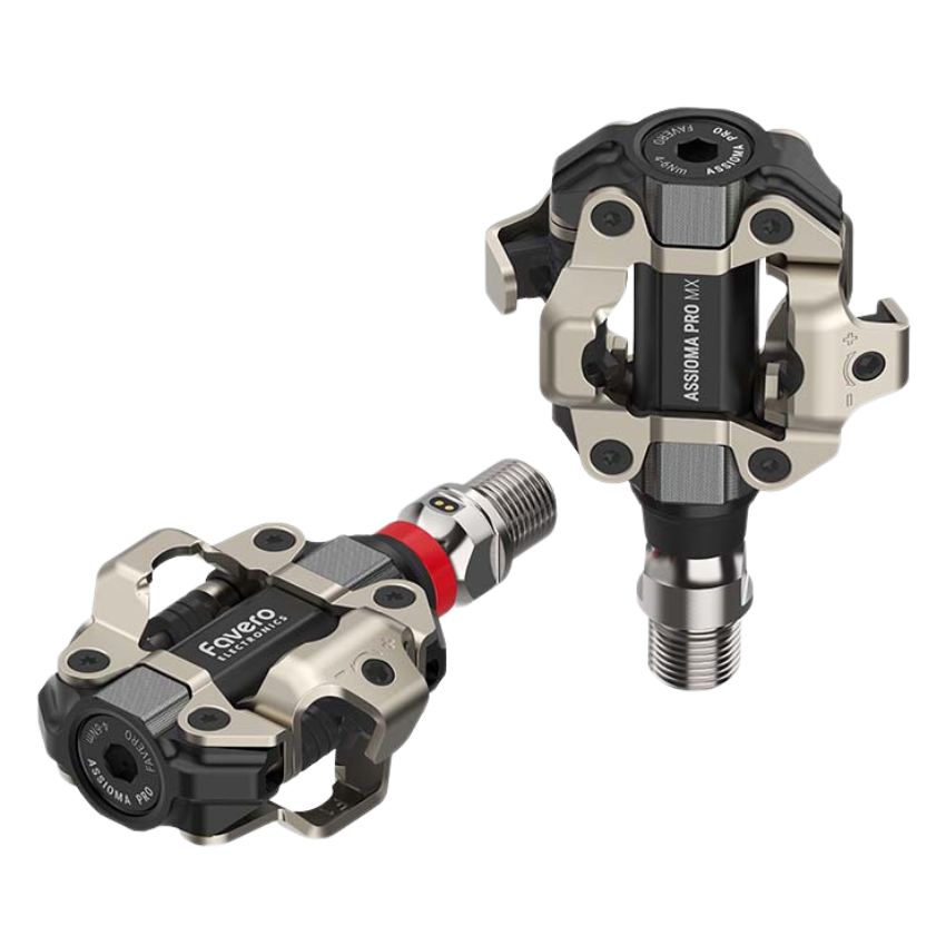Favero Assioma PRO MX-1 single sided mountain bike and gravel cycling power meter pedal showing native shimano spd compatible left aluminum body with internal sensor axle - Epic Sports Kenya