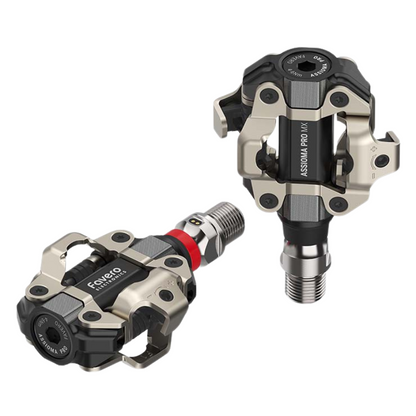 Favero Assioma PRO MX-1 single sided mountain bike and gravel cycling power meter pedal showing native shimano spd compatible left aluminum body with internal sensor axle - Epic Sports Kenya