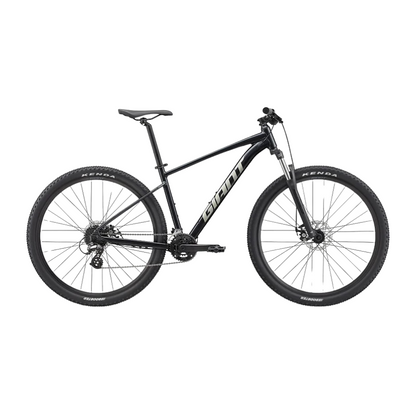 Giant Talon 29 4 2023 alloy hardtail mountain bike in Metallic Black displaying its ALUXX alloy frameset SR Suntour suspension fork microSHIFT 1x8 drivetrain mechanical disc brakes and Kenda 29er tires - Epic Sports Kenya