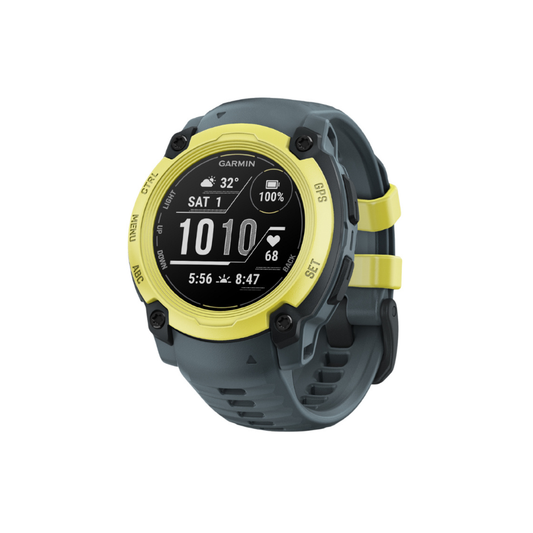 Garmin Instinct E entry level rugged GPS smartwatch showing black high strength fiber reinforced polymer case military standard 810 shock armor high contrast monochrome transflective memory in pixel display five physical control buttons and secure black silicone sport band - Epic Sports Kenya