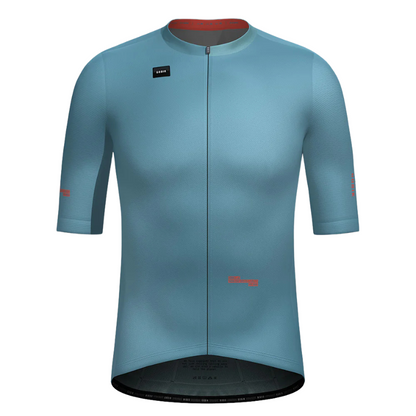 Gobik Stark mens short sleeve cycling jersey in Skydome light sky blue displaying highly breathable micro fiber panels regular fit training cut seamless raw cut sleeves and rear pocket layout - Epic Sports Kenya