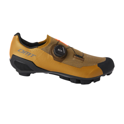 DMT KM30 engineered 3D knit carbon mountain bike and gravel shoes in camel brown and black showing single BOA L6 dial and high traction air tech carbon sole profile - Epic Sports Kenya