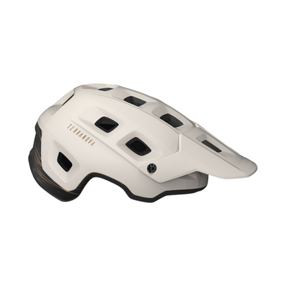 MET Terranova trail and enduro mountain bike helmet in White showing its extended rear occipital coverage adjustable flexible visor multi-port ventilation matrix and Safe-T Duo retention dial - Epic Sports Kenya