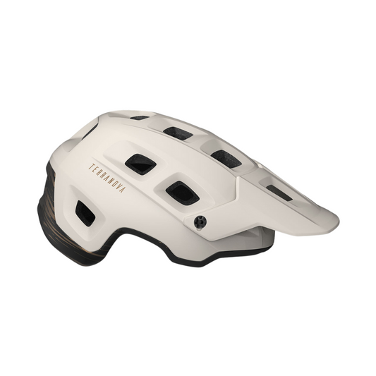 MET Terranova trail and enduro mountain bike helmet in White showing its extended rear occipital coverage adjustable flexible visor multi-port ventilation matrix and Safe-T Duo retention dial - Epic Sports Kenya