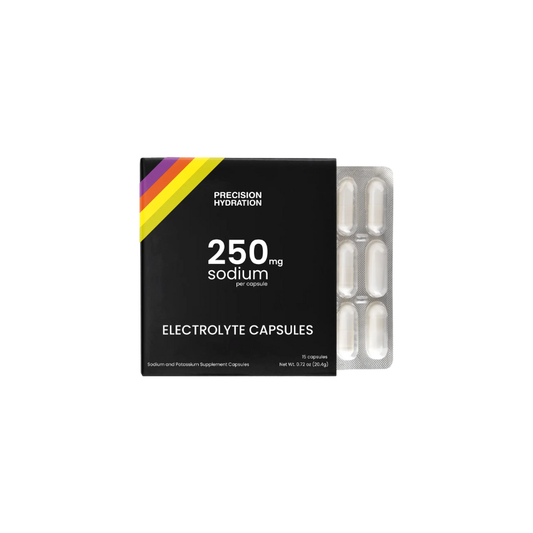 Precision Fuel and Hydration swallowable electrolyte capsules showing weatherproof foil blister packaging and 250mg sodium per capsule supplement profile - Epic Sports Kenya
